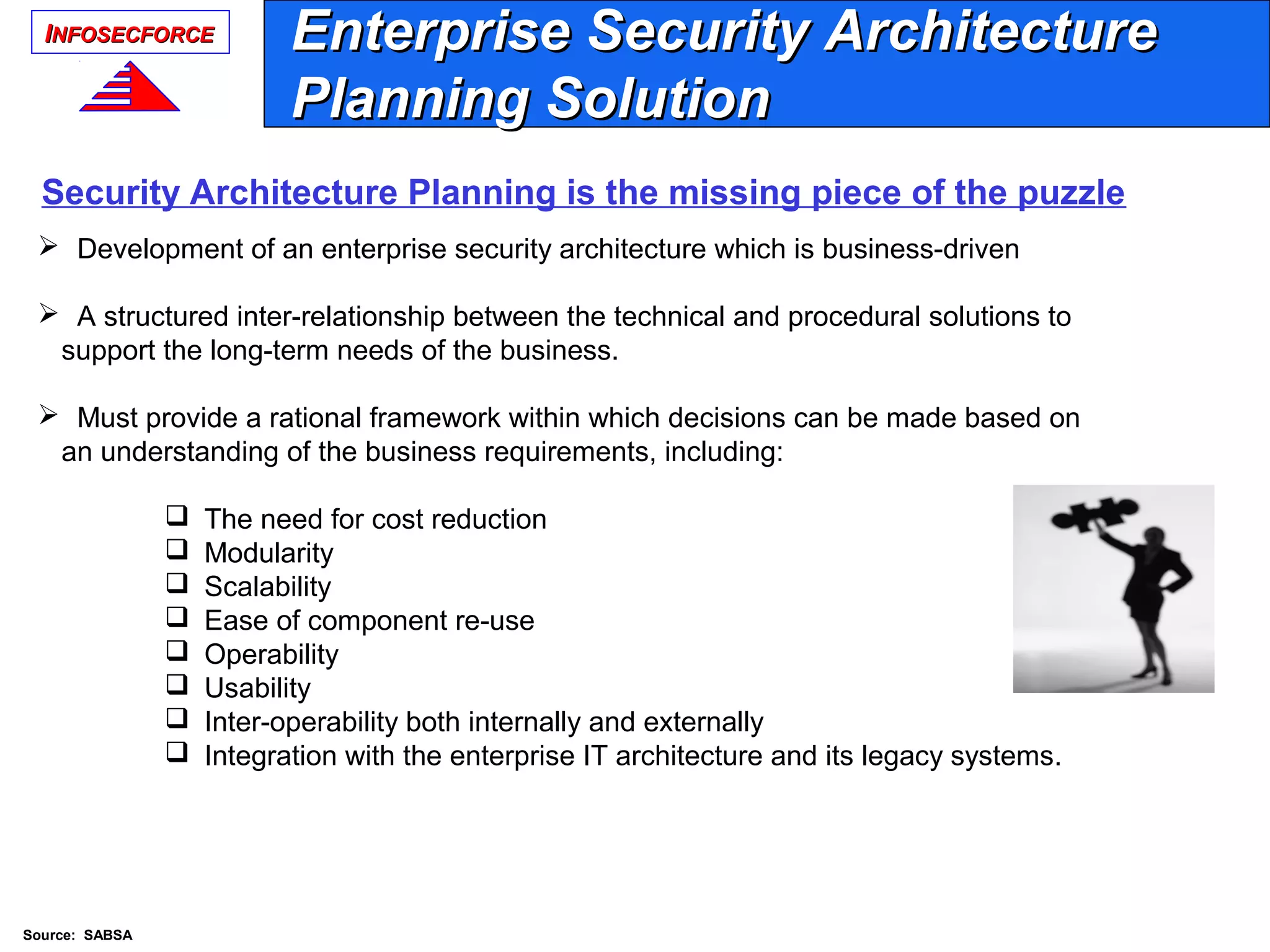 IINFOSECFORCENFOSECFORCE
 Development of an enterprise security architecture which is business-driven
 A structured inter-relationship between the technical and procedural solutions to
support the long-term needs of the business.
 Must provide a rational framework within which decisions can be made based on
an understanding of the business requirements, including:
 The need for cost reduction
 Modularity
 Scalability
 Ease of component re-use
 Operability
 Usability
 Inter-operability both internally and externally
 Integration with the enterprise IT architecture and its legacy systems.
Enterprise Security ArchitectureEnterprise Security Architecture
Planning SolutionPlanning Solution
Security Architecture Planning is the missing piece of the puzzle
Source: SABSA
 