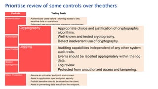 a chance totest
Controls Testing Goals
Authentication Authenticate users before allowing access to any
sensitive data or operations.
Safeguard user accounts from misuse or unauthorized
i
Authorizatio
use.
Protect authenticat
transit.
Prevent user access
privileges.
Restrict functionalit y
n credentials when stored or in
o resources outside their assigned
These you will get
to only those resources required
Session
Managemen
n
t
i
to fulfil the task.
on All client side input
All input must be va
application logic.
Only good and expe
Protect against sess
Protect against brut
Well-defined login a
Expired sessions can
o
t
m
li
c
o
e
n
n
ust be regarded as untrusted.
thoroughly duringdated before being passed to the
ted input should be allowed. Appsec also
n hijacking.
forcing.
d logout points.
ot be re-used later.
Client Protection Assume an untrusted endpoint environment.
Assist in application layer endpoint security.
Prohibit sensitive data to be stored on the client.
Assist in preventing data leaks from the endpoint.
Cryptography Appropriate choice and justification of cryptographic
algorithms.
Well-known and tested cryptography.
Detect inadvertent use of cryptography.
Logging
Input Validati Auditing capabilities independent of any other system
audit trails.
Events should be labelled appropriately within the log
data.
Log review.
Protected from unauthorized access and tampering.
Prioritise review of some controls over theothers
 