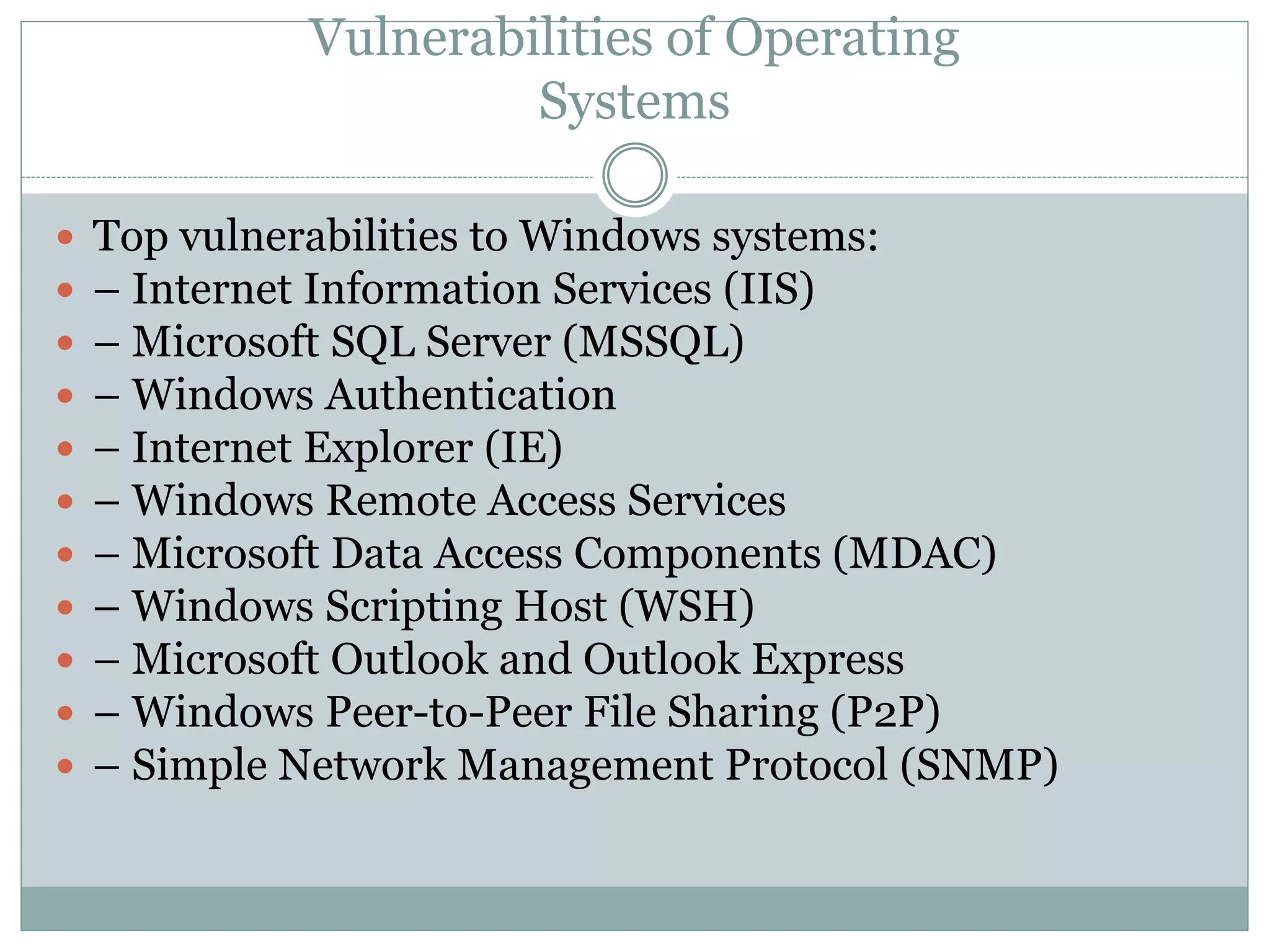 Vulnerabilities of Operating
Systems
 Top vulnerabilities to Windows systems:
 – Internet Information Services (IIS)
 – Microsoft SQL Server (MSSQL)
 – Windows Authentication
 – Internet Explorer (IE)
 – Windows Remote Access Services
 – Microsoft Data Access Components (MDAC)
 – Windows Scripting Host (WSH)
 – Microsoft Outlook and Outlook Express
 – Windows Peer-to-Peer File Sharing (P2P)
 – Simple Network Management Protocol (SNMP)
 