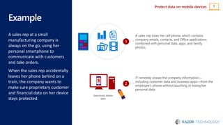 Example
A sales rep at a small
manufacturing company is
always on the go, using her
personal smartphone to
communicate with customers
and take orders.
When the sales rep accidentally
leaves her phone behind on a
train, the company wants to
make sure proprietary customer
and financial data on her device
stays protected.
Protect data on mobile devices !
A sales rep loses her cell phone, which contains
company emails, contacts, and Office applications
combined with personal data, apps, and family
photos.
1
IT remotely erases the company information—
including customer data and business apps—from the
employee’s phone without touching or losing her
personal data.
2
Selectively delete
data
 