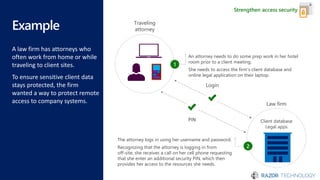Example
A law firm has attorneys who
often work from home or while
traveling to client sites.
To ensure sensitive client data
stays protected, the firm
wanted a way to protect remote
access to company systems.
1001110011
0110011010
1100010101
1001110011
0110011010
1100010101
1001110011
0110011010
1100010101
1001110011
0110011010
1100010101
Strengthen access security
Traveling
attorney
An attorney needs to do some prep work in her hotel
room prior to a client meeting.
She needs to access the firm’s client database and
online legal application on their laptop.
1
Login
Law firm
PIN Client database
Legal apps
The attorney logs in using her username and password.
Recognizing that the attorney is logging in from
off-site, she receives a call on her cell phone requesting
that she enter an additional security PIN, which then
provides her access to the resources she needs.
2
 