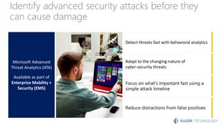 Identify advanced security attacks before they
can cause damage
Microsoft Advanced
Threat Analytics (ATA)
Available as part of
Enterprise Mobility +
Security (EMS)
Detect threats fast with behavioral analytics
Adapt to the changing nature of
cyber-security threats
Focus on what’s important fast using a
simple attack timeline
Reduce distractions from false positives
 