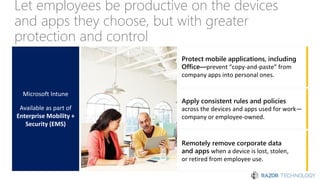 Let employees be productive on the devices
and apps they choose, but with greater
protection and control
Microsoft Intune
Available as part of
Enterprise Mobility +
Security (EMS)
Apply consistent rules and policies
across the devices and apps used for work—
company or employee-owned.
Remotely remove corporate data
and apps when a device is lost, stolen,
or retired from employee use.
Protect mobile applications, including
Office—prevent “copy-and-paste” from
company apps into personal ones.
 