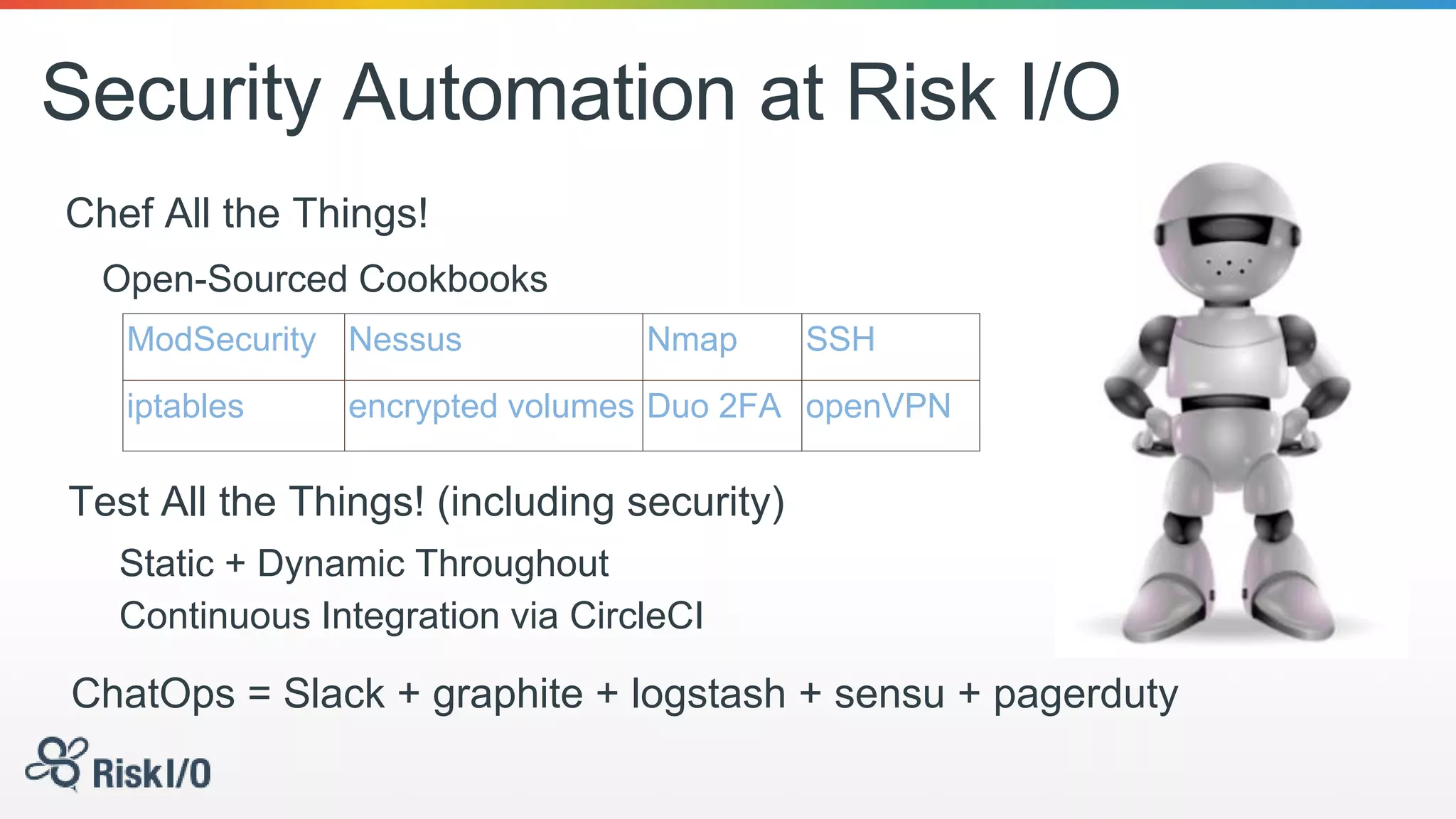 Security Automation at Risk I/O
Chef All the Things!
Test All the Things! (including security)
Static + Dynamic Throughout
Continuous Integration via CircleCI
Open-Sourced Cookbooks
ModSecurity Nessus Nmap SSH
iptables encrypted volumes Duo 2FA openVPN
ChatOps = Slack + graphite + logstash + sensu + pagerduty
 