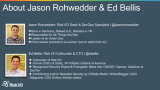 About Jason Rohwedder & Ed Bellis
Ed Bellis: Risk I/O Cofounder & CTO | @ebellis
★ Cofounder of Risk I/O
★ Former CISO of Orbitz, VP InfoSec of Bank of America
★ Recognized Security Expert & Evangelist: Black Hat, OWASP, Gartner, SaaScon &
SecTor
★ Contributing Author: Beautiful Security by O’Reilly Media; Writer/Blogger: CSO
Magazine, CSO Online, InfoSec Island
Jason Rohwedder: Risk I/O Geek & DevOps Specialist | @jasonrohwedder
★Born in Germany, Raised in IL, Resides in TN
★Responsible for All Things DevOps
★Leader of an Urban Zoo
★Once sucker punched a co-worker “just to watch him cry”
 