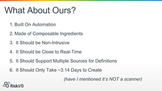 What About Ours?
1. Built On Automation
2. Made of Composable Ingredients
3. It Should be Non-Intrusive
4. It Should be Close to Real-Time
5. It Should Support Multiple Sources for Definitions
6. It Should Only Take ~3.14 Days to Create
(have I mentioned it’s NOT a scanner)
 