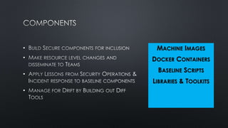 MACHINE IMAGES
DOCKER CONTAINERS
BASELINE SCRIPTS
LIBRARIES & TOOLKITS
•
•
•
•
 
