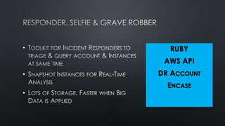 •
•
•
RUBY
AWS API
DR ACCOUNT
ENCASE
 