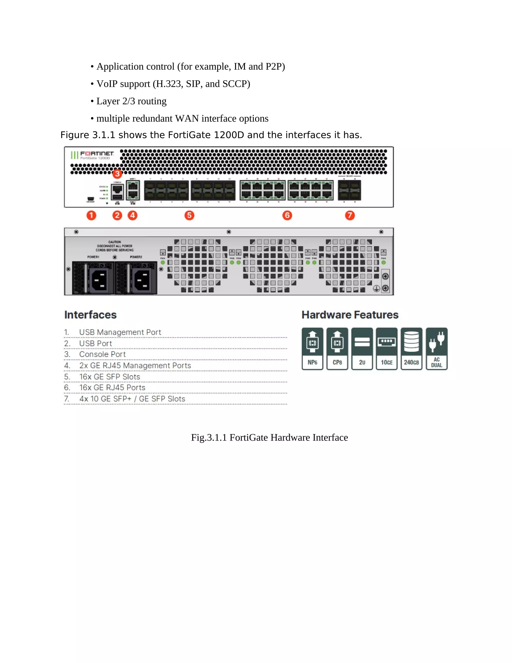 • Application control (for example, IM and P2P)
• VoIP support (H.323, SIP, and SCCP)
• Layer 2/3 routing
• multiple redundant WAN interface options
Figure 3.1.1 shows the FortiGate 1200D and the interfaces it has.
Fig.3.1.1 FortiGate Hardware Interface
 