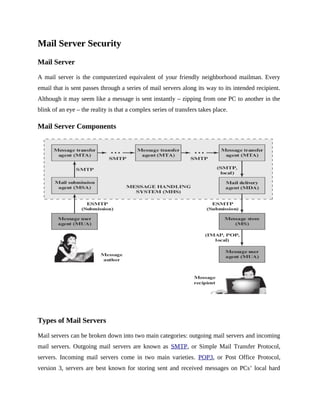 Mail Server Security
Mail Server
A mail server is the computerized equivalent of your friendly neighborhood mailman. Every
email that is sent passes through a series of mail servers along its way to its intended recipient.
Although it may seem like a message is sent instantly – zipping from one PC to another in the
blink of an eye – the reality is that a complex series of transfers takes place.
Mail Server Components
Types of Mail Servers
Mail servers can be broken down into two main categories: outgoing mail servers and incoming
mail servers. Outgoing mail servers are known as SMTP, or Simple Mail Transfer Protocol,
servers. Incoming mail servers come in two main varieties. POP3, or Post Office Protocol,
version 3, servers are best known for storing sent and received messages on PCs’ local hard
 