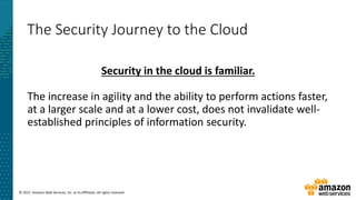 © 2017, Amazon Web Services, Inc. or its Affiliates. All rights reserved.
The Security Journey to the Cloud
Security in the cloud is familiar.
The increase in agility and the ability to perform actions faster,
at a larger scale and at a lower cost, does not invalidate well-
established principles of information security.
 