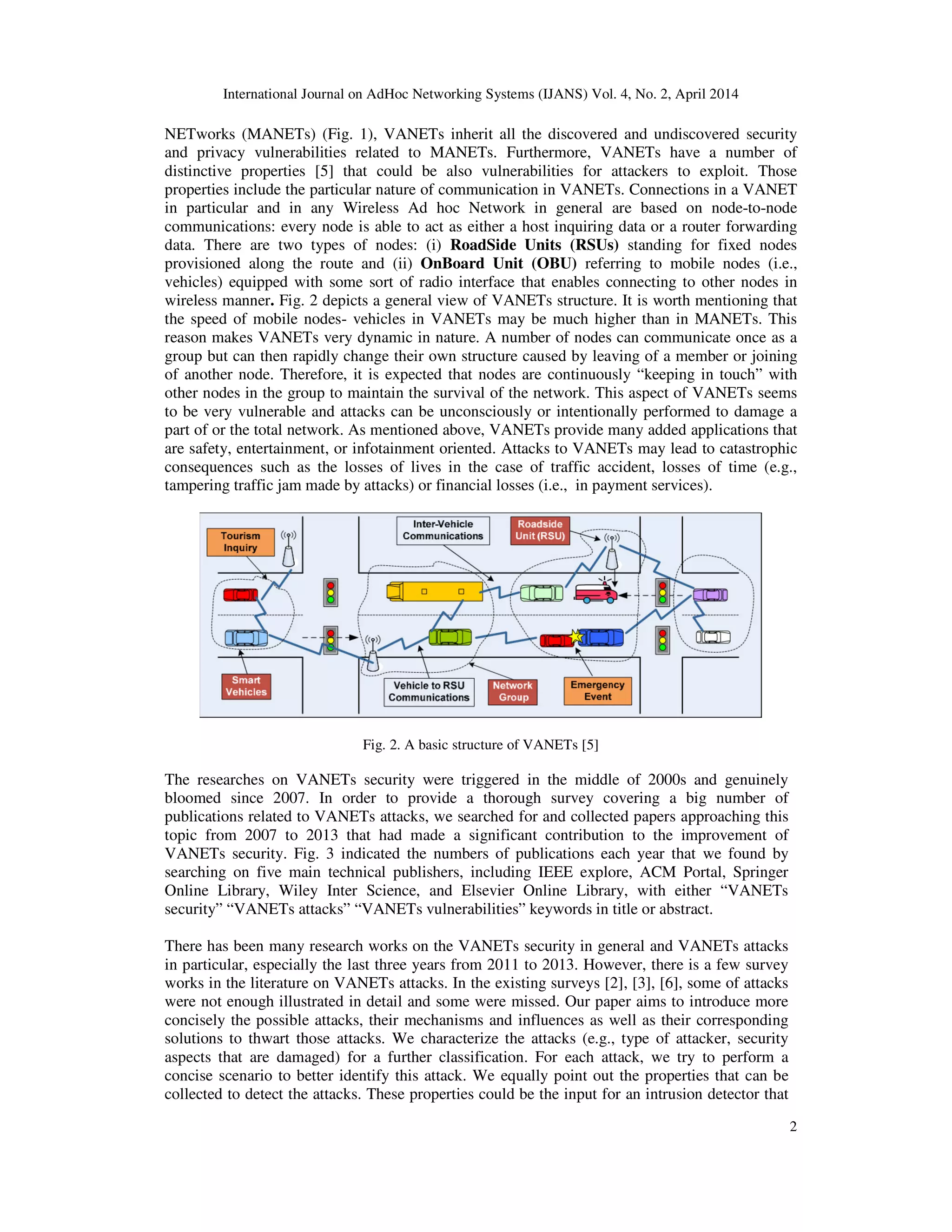 International Journal on AdHoc Networking Systems (IJANS) Vol. 4, No. 2, April 2014
2
NETworks (MANETs) (Fig. 1), VANETs inherit all the discovered and undiscovered security
and privacy vulnerabilities related to MANETs. Furthermore, VANETs have a number of
distinctive properties [5] that could be also vulnerabilities for attackers to exploit. Those
properties include the particular nature of communication in VANETs. Connections in a VANET
in particular and in any Wireless Ad hoc Network in general are based on node-to-node
communications: every node is able to act as either a host inquiring data or a router forwarding
data. There are two types of nodes: (i) RoadSide Units (RSUs) standing for fixed nodes
provisioned along the route and (ii) OnBoard Unit (OBU) referring to mobile nodes (i.e.,
vehicles) equipped with some sort of radio interface that enables connecting to other nodes in
wireless manner. Fig. 2 depicts a general view of VANETs structure. It is worth mentioning that
the speed of mobile nodes- vehicles in VANETs may be much higher than in MANETs. This
reason makes VANETs very dynamic in nature. A number of nodes can communicate once as a
group but can then rapidly change their own structure caused by leaving of a member or joining
of another node. Therefore, it is expected that nodes are continuously “keeping in touch” with
other nodes in the group to maintain the survival of the network. This aspect of VANETs seems
to be very vulnerable and attacks can be unconsciously or intentionally performed to damage a
part of or the total network. As mentioned above, VANETs provide many added applications that
are safety, entertainment, or infotainment oriented. Attacks to VANETs may lead to catastrophic
consequences such as the losses of lives in the case of traffic accident, losses of time (e.g.,
tampering traffic jam made by attacks) or financial losses (i.e., in payment services).
Fig. 2. A basic structure of VANETs [5]
The researches on VANETs security were triggered in the middle of 2000s and genuinely
bloomed since 2007. In order to provide a thorough survey covering a big number of
publications related to VANETs attacks, we searched for and collected papers approaching this
topic from 2007 to 2013 that had made a significant contribution to the improvement of
VANETs security. Fig. 3 indicated the numbers of publications each year that we found by
searching on five main technical publishers, including IEEE explore, ACM Portal, Springer
Online Library, Wiley Inter Science, and Elsevier Online Library, with either “VANETs
security” “VANETs attacks” “VANETs vulnerabilities” keywords in title or abstract.
There has been many research works on the VANETs security in general and VANETs attacks
in particular, especially the last three years from 2011 to 2013. However, there is a few survey
works in the literature on VANETs attacks. In the existing surveys [2], [3], [6], some of attacks
were not enough illustrated in detail and some were missed. Our paper aims to introduce more
concisely the possible attacks, their mechanisms and influences as well as their corresponding
solutions to thwart those attacks. We characterize the attacks (e.g., type of attacker, security
aspects that are damaged) for a further classification. For each attack, we try to perform a
concise scenario to better identify this attack. We equally point out the properties that can be
collected to detect the attacks. These properties could be the input for an intrusion detector that
 