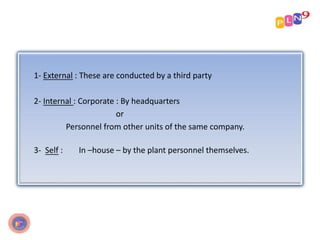 1- External : These are conducted by a third party
2- Internal : Corporate : By headquarters
or
Personnel from other units of the same company.
3- Self : In –house – by the plant personnel themselves.
 