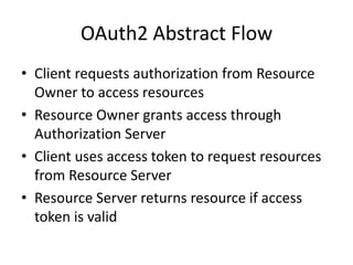 OAuth2 Abstract Flow
• Client requests authorization from Resource
Owner to access resources
• Resource Owner grants access through
Authorization Server
• Client uses access token to request resources
from Resource Server
• Resource Server returns resource if access
token is valid

 