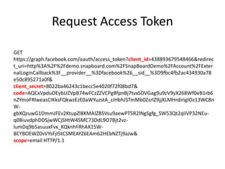 Request Access Token
GET
https://graph.facebook.com/oauth/access_token?client_id=438893679548466&redirec
t_uri=http%3A%2F%2Fdemo.snapboard.com%2FSnapBoardDemo%2FAccount%2FExter
nalLoginCallback%3F__provider__%3Dfacebook%26__sid__%3D9fbc4fb2ac434930a78
e50c895271a0f&
client_secret=8022ba46243c1becc5e4020f72f08bd7&
code=AQCxVpduOEybUZVpB74wFCzZZVCPgBfpnBj7tvxSDVGag9u9zV9yX268Wf0eB1rb6
nZYmoFRlweasCIKksFQkwzEzE0aWYuzstA_ciHbhJSTmMb0ZsrlZ9jjXLMHrdirigIOz13WC8n
WgbXQzuwG1DmmJFEv2KtupZl8KMAIZBSVsu9aewPT5R2lNgSgfg_SW53Qt2qliVP32NEuq0BiuvdphDDSjwWCjSHtW4SMC73DdL9O7Bjt2vzlumDq9b5asuuxFvx_KQknhFRhAX15W8CYBOEWZ0vVYsFjI5tCSMEAYZ6EAm62HEbNZTj9aJw&
scope=email HTTP/1.1

 