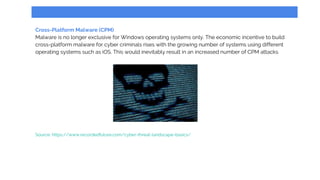 Cross-Platform Malware (CPM)
Malware is no longer exclusive for Windows operating systems only. The economic incentive to build
cross-platform malware for cyber criminals rises with the growing number of systems using different
operating systems such as iOS. This would inevitably result in an increased number of CPM attacks
Source: https://www.recordedfuture.com/cyber-threat-landscape-basics/
 