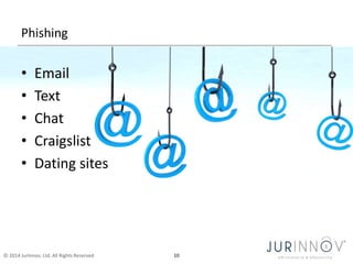 Phishing 
• Email 
• Text 
• Chat 
• Craigslist 
• Dating sites 
© 2014 JurInnov, Ltd. All Rights Reserved 10 
 