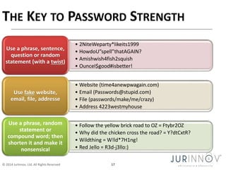 • 2NiteWeparty*likeits1999 
• HowdoU”spell”thatAGAIN? 
• Amishwish4fish2squish 
• OunceI$good#isbetter! 
Use a phrase, sentence, 
question or random 
statement (with a twist) 
• Website (time4anewpwagain.com) 
• Email (Passwords@stupid.com) 
• File (passwords/make/me/crazy) 
• Address 4223westmyhouse 
Use fake website, 
email, file, addresse 
• Follow the yellow brick road to OZ = Ftybr2OZ 
• Why did the chicken cross the road? = Y?dtCxtR? 
• Wildthing = W!ld*7H1ng! 
• Red Jello = R3d-j3llo:) 
Use a phrase, random 
statement or 
compound word; then 
shorten it and make it 
nonsensical 
© 2014 JurInnov, Ltd. All Rights Reserved 17 
 