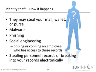 Identity theft – How it happens 
• They may steal your mail, wallet, 
or purse 
• Malware 
• Phishing 
• Social engineering 
– bribing or conning an employee 
who has access to these records 
• Stealing personnel records or breaking 
into your records electronically 
© 2014 JurInnov, Ltd. All Rights Reserved 20 
 