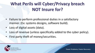 What Perils will Cyber/Privacy breach
NOT Insure for?
• Failure to perform professional duties in a satisfactory
manner. (Ex: systems designs, software build).
• Loss of digital assets (data).
• Loss of revenue (unless specifically added to the cyber policy).
• First party theft of money/securities.
 