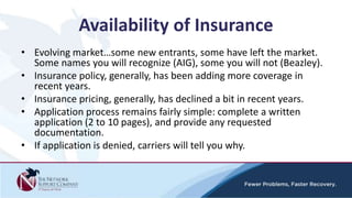 Availability of Insurance
• Evolving market…some new entrants, some have left the market.
Some names you will recognize (AIG), some you will not (Beazley).
• Insurance policy, generally, has been adding more coverage in
recent years.
• Insurance pricing, generally, has declined a bit in recent years.
• Application process remains fairly simple: complete a written
application (2 to 10 pages), and provide any requested
documentation.
• If application is denied, carriers will tell you why.
 