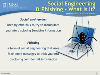 	Social Engineering & Phishing – What Is It?Section: Virus, Trojans & WormsSocial engineeringused by criminals to try to manipulate you into disclosing Sensitive Information Phishinga form of social engineering that uses fake email messages to trick you into disclosing confidential information