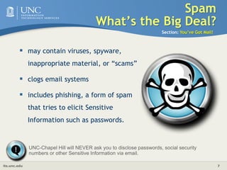 SpamWhat’s the Big Deal?Section: You’ve Got Mail!may contain viruses, spyware, inappropriate material, or “scams”clogs email systemsincludes phishing, a form of spam that tries to elicit Sensitive Information such as passwords.UNC-Chapel Hill will NEVER ask you to disclose passwords, social security numbers or other Sensitive Information via email.