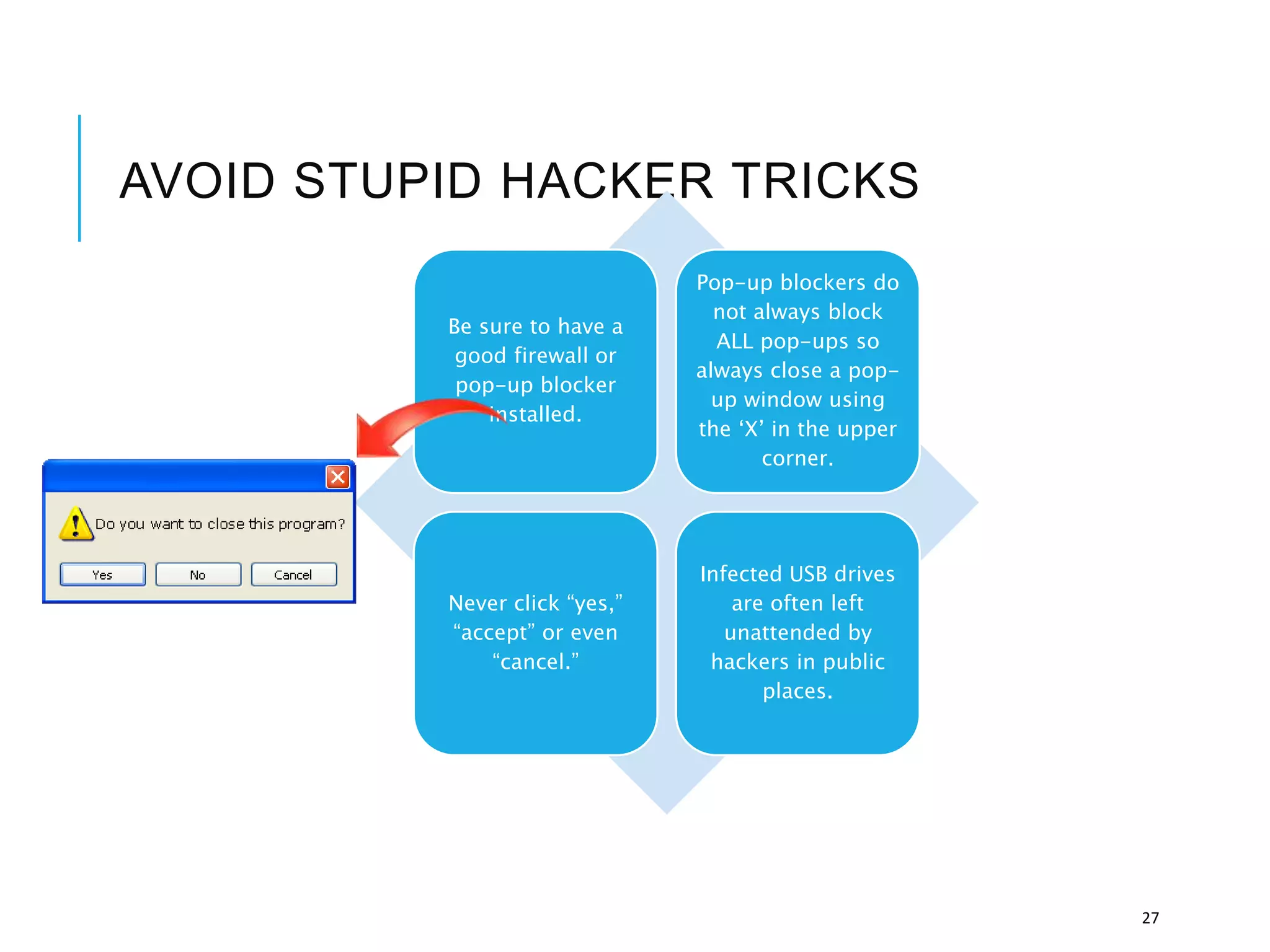 AVOID STUPID HACKER TRICKS
Be sure to have a
good firewall or
pop-up blocker
installed.
Pop-up blockers do
not always block
ALL pop-ups so
always close a pop-
up window using
the ‘X’ in the upper
corner.
Never click “yes,”
“accept” or even
“cancel.”
Infected USB drives
are often left
unattended by
hackers in public
places.
27
 