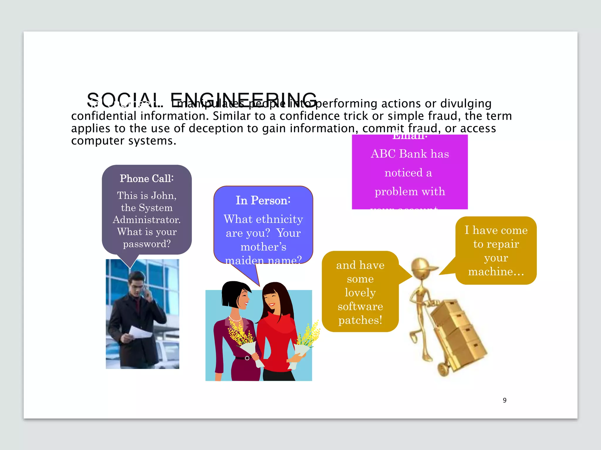 SOCIAL ENGINEERING
Social engineering manipulates people into performing actions or divulging
confidential information. Similar to a confidence trick or simple fraud, the term
applies to the use of deception to gain information, commit fraud, or access
computer systems.
9
Phone Call:
This is John,
the System
Administrator.
What is your
password?
Email:
ABC Bank has
noticed a
problem with
your account…
In Person:
What ethnicity
are you? Your
mother’s
maiden name? and have
some
lovely
software
patches!
I have come
to repair
your
machine…
 