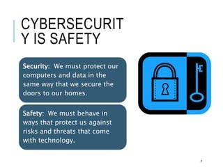 CYBERSECURIT
Y IS SAFETY
3
Security: We must protect our
computers and data in the
same way that we secure the
doors to our homes.
Safety: We must behave in
ways that protect us against
risks and threats that come
with technology.
 