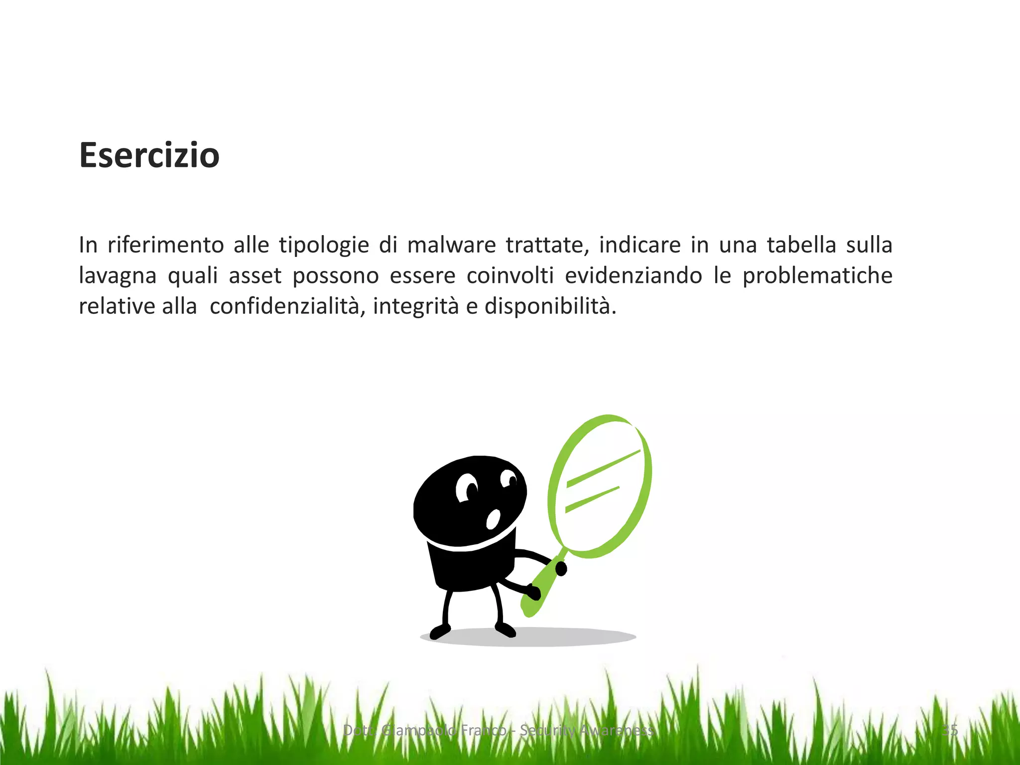 Esercizio
In riferimento alle tipologie di malware trattate, indicare in una tabella sulla
lavagna quali asset possono essere coinvolti evidenziando le problematiche
relative alla confidenzialità, integrità e disponibilità.

Dott. Giampaolo Franco - Security Awareness

35

 