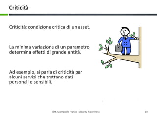 Criticità
Criticità: condizione critica di un asset.

La minima variazione di un parametro
determina effetti di grande entità.

Ad esempio, si parla di criticità per
alcuni servizi che trattano dati
personali e sensibili.

Dott. Giampaolo Franco - Security Awareness

19

 