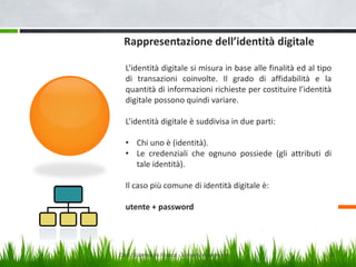 Rappresentazione dell’identità digitale
L’identità digitale si misura in base alle finalità ed al tipo
di transazioni coinvolte. Il grado di affidabilità e la
quantità di informazioni richieste per costituire l’identità
digitale possono quindi variare.
L’identità digitale è suddivisa in due parti:

• Chi uno è (identità).
• Le credenziali che ognuno possiede (gli attributi di
tale identità).
Il caso più comune di identità digitale è:
utente + password

Dott. Giampaolo Franco - Security Awareness

26

 