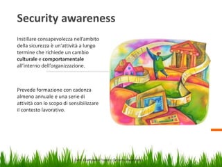 Security awareness
Instillare consapevolezza nell’ambito
della sicurezza è un'attività a lungo
termine che richiede un cambio
culturale e comportamentale
all’interno dell’organizzazione.

Prevede formazione con cadenza
almeno annuale e una serie di
attività con lo scopo di sensibilizzare
il contesto lavorativo.

Dott. Giampaolo Franco –Security Awareness

6

 