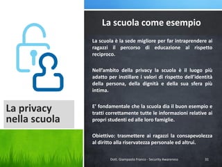 La scuola come esempio
La scuola è la sede migliore per far intraprendere ai
ragazzi il percorso di educazione al rispetto
reciproco.
Nell’ambito della privacy la scuola è il luogo più
adatto per instillare i valori di rispetto dell’identità
della persona, della dignità e della sua sfera più
intima.

La privacy
nella scuola

E’ fondamentale che la scuola dia il buon esempio e
tratti correttamente tutte le informazioni relative ai
propri studenti ed alle loro famiglie.
Obiettivo: trasmettere ai ragazzi la consapevolezza
al diritto alla riservatezza personale ed altrui.
Dott. Giampaolo Franco - Security Awareness

31

 