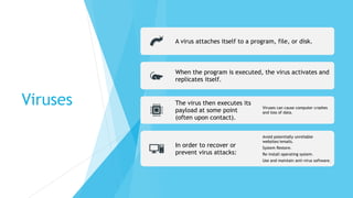 Viruses
A virus attaches itself to a program, file, or disk.
When the program is executed, the virus activates and
replicates itself.
The virus then executes its
payload at some point
(often upon contact).
Viruses can cause computer crashes
and loss of data.
In order to recover or
prevent virus attacks:
Avoid potentially unreliable
websites/emails.
System Restore.
Re-install operating system.
Use and maintain anti-virus software.
 
