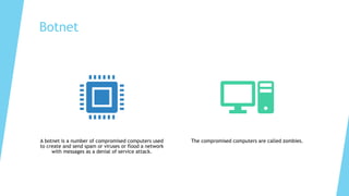 Botnet
A botnet is a number of compromised computers used
to create and send spam or viruses or flood a network
with messages as a denial of service attack.
The compromised computers are called zombies.
 