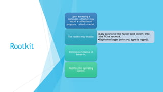 Rootkit
Upon accessing a
computer, a hacker may
install a collection of
programs, called a rootkit.
•Easy access for the hacker (and others) into
the PC or network.
•Keystroke logger (what you type is logged).
The rootkit may enable:
Eliminates evidence of
break-in.
Modifies the operating
system.
 