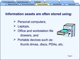 Incident ReportingIncident Reporting Liability/SanctionsLiability/Sanctions CertificateCertificate
Reference/PolicyReference/Policy Terms & AcronymsTerms & Acronyms ClassificationClassification DisclosureDisclosureResponsibilitiesResponsibilities
Information assets are often stored using:
 Personal computers,
 Laptops,
 Office and workstation file
drawers, and
 Portable devices such as:
thumb drives, discs, PDAs, etc.
Page 9
 