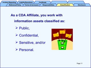 Incident ReportingIncident Reporting Liability/SanctionsLiability/Sanctions CertificateCertificate
Reference/PolicyReference/Policy Terms & AcronymsTerms & Acronyms DisclosureDisclosureResponsibilitiesResponsibilities ClassificationClassification
As a CDA Affiliate, you work with
information assets classified as:
 Public,
 Confidential,
 Sensitive, and/or
 Personal.
Page 11
 