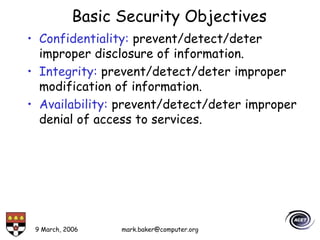 9 March, 2006 mark.baker@computer.org
Basic Security Objectives
• Confidentiality: prevent/detect/deter
improper disclosure of information.
• Integrity: prevent/detect/deter improper
modification of information.
• Availability: prevent/detect/deter improper
denial of access to services.
 
