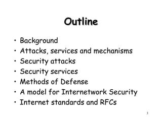 3
Outline
Outline
• Background
• Attacks, services and mechanisms
• Security attacks
• Security services
• Methods of Defense
• A model for Internetwork Security
• Internet standards and RFCs
 