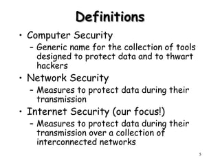 5
Definitions
Definitions
• Computer Security
– Generic name for the collection of tools
designed to protect data and to thwart
hackers
• Network Security
– Measures to protect data during their
transmission
• Internet Security (our focus!)
– Measures to protect data during their
transmission over a collection of
interconnected networks
 
