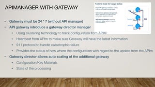 APIMANAGER WITH GATEWAY
• Gateway must be 24 * 7 (without API manager)
• API gateway introduce a gateway director manager
• Using clustering technology to track configuration from APIM
• Heartbeat from APIm to make sure Gateway will have the latest information
• 911 protocol to handle catastrophic failure
• Provides the status of how where the configuration with regard to the update from the APIm
• Gateway director allows auto scaling of the additional gateway
• Configuration/Key Materials
• State of the processing
 