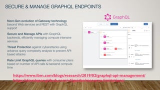 SECURE & MANAGE GRAPHQL ENDPOINTS
Next-Gen evolution of Gateway technology
beyond Web services and REST with GraphQL
support
Secure and Manage APIs with GraphQL
backends, efficiently managing compute intensive
services
Threat Protection against cyberattacks using
advance query complexity analysis to prevent API-
based attacks
Rate Limit GraphQL queries with consumer plans
based on number of API calls & backend compute
time
https://www.ibm.com/blogs/research/2019/02/graphql-api-management/
https://developer.github.com/v4/guides/resource-limitations/
 