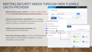 Rapid OAuth policy creation to quickly create OAuth
provider security without deep security expertise
Improved governance capabilities on managing
OAuth providers with flexible administrative access
control to enforce enterprise standards
Ability to meet business demands with
customizable OAuth assembly
New User Security policy to enforce authentication &
authorization in API assembly, adapting to unique
enterprise security needs
MEETING SECURITY NEEDS THROUGH NEW FLEXIBLE
OAUTH PROVIDER
 