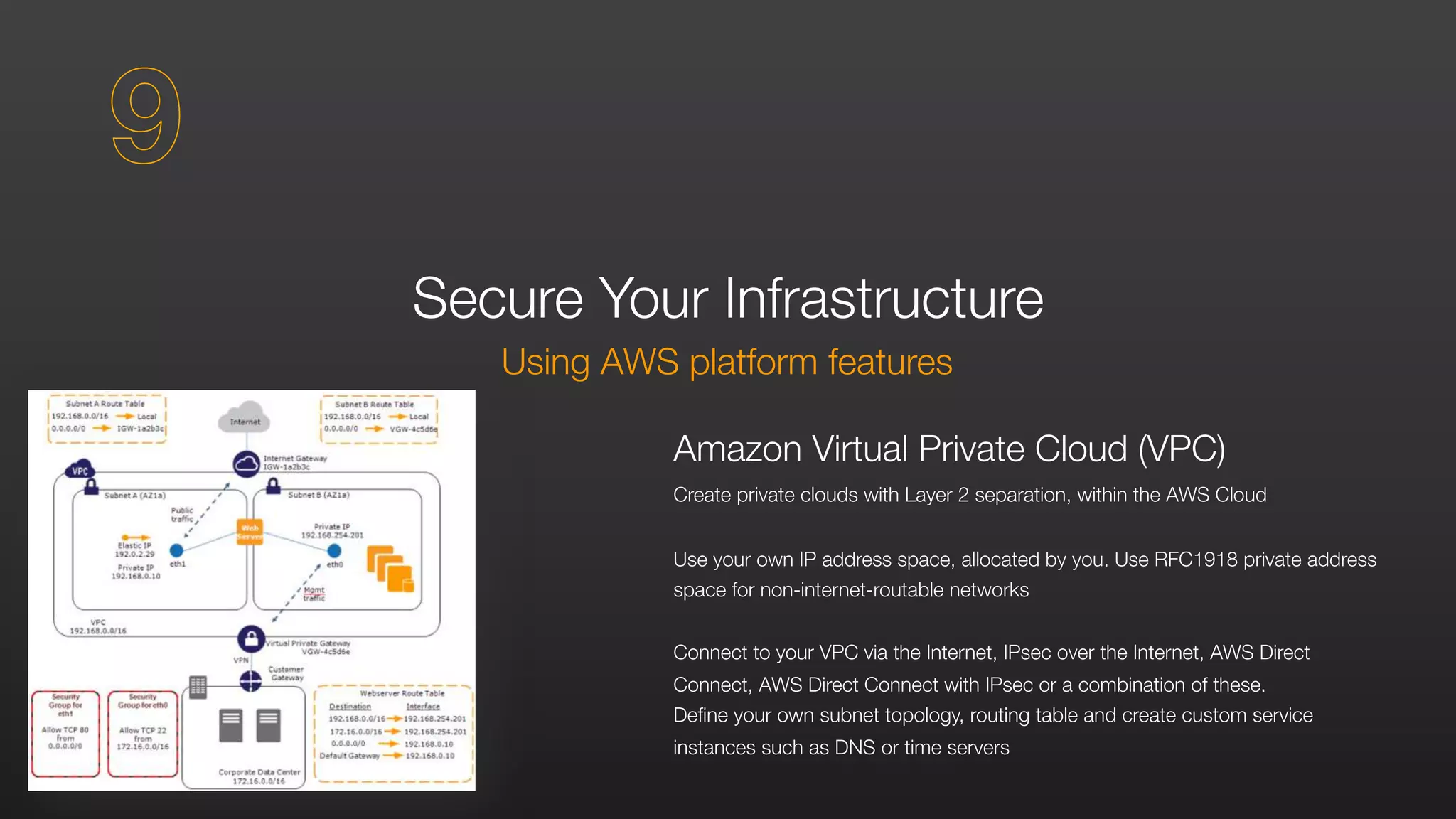 Secure Your Infrastructure
Using AWS platform features
Amazon Virtual Private Cloud (VPC)
Create private clouds with Layer 2 separation, within the AWS Cloud
Use your own IP address space, allocated by you. Use RFC1918 private address
space for non-internet-routable networks
Connect to your VPC via the Internet, IPsec over the Internet, AWS Direct
Connect, AWS Direct Connect with IPsec or a combination of these.
Define your own subnet topology, routing table and create custom service
instances such as DNS or time servers
9
 
