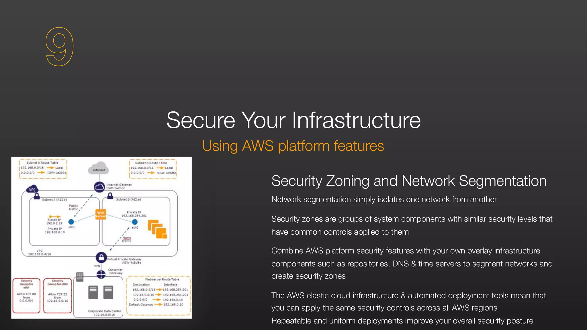 Secure Your Infrastructure
Using AWS platform features
Security Zoning and Network Segmentation
Network segmentation simply isolates one network from another
Security zones are groups of system components with similar security levels that
have common controls applied to them
Combine AWS platform security features with your own overlay infrastructure
components such as repositories, DNS & time servers to segment networks and
create security zones
The AWS elastic cloud infrastructure & automated deployment tools mean that
you can apply the same security controls across all AWS regions
Repeatable and uniform deployments improve your overall security posture
9
 