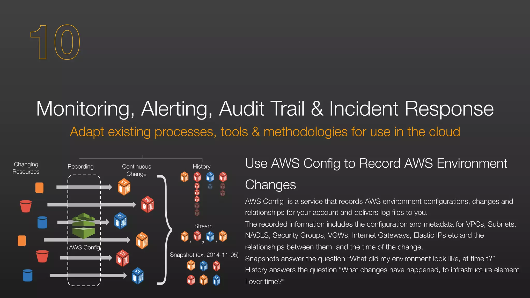 Monitoring, Alerting, Audit Trail & Incident Response
Adapt existing processes, tools & methodologies for use in the cloud
Use AWS Config to Record AWS Environment
Changes
AWS Config is a service that records AWS environment configurations, changes and
relationships for your account and delivers log files to you.
The recorded information includes the configuration and metadata for VPCs, Subnets,
NACLS, Security Groups, VGWs, Internet Gateways, Elastic IPs etc and the
relationships between them, and the time of the change.
Snapshots answer the question “What did my environment look like, at time t?”
History answers the question “What changes have happened, to infrastructure element
I over time?”
Continuous
Change
RecordingChanging
Resources
History
Stream
Snapshot (ex. 2014-11-05)
AWS Config
10
 