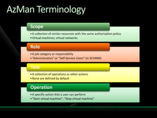AzMan Terminology
     Scope
     • A collection of similar resources with the same authorization policy
     • Virtual machines; virtual networks

     Role
     • A job category or responsibility
     • “Administrators” or “Self-Service Users” (in SCVMM)

     Task
     • A collection of operations or other actions
     • None are defined by default

     Operation
     • A specific action that a user can perform
     • “Start virtual machine”; “Stop virtual machine”
 